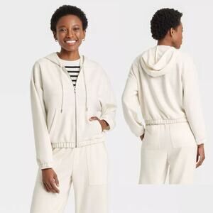 A New Day Women's Sandwash Hooded Zip Up Sweatshirt Cream Size Large